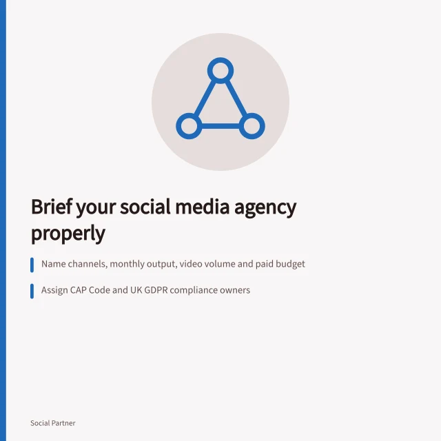 Checklist card for briefing a UK social media agency with goals and budget. How to brief a social media agency (UK campaign checklist)