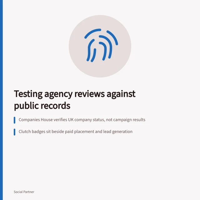 Card on checking social media agency claims against public records. Five checks to test a social media agency's claims