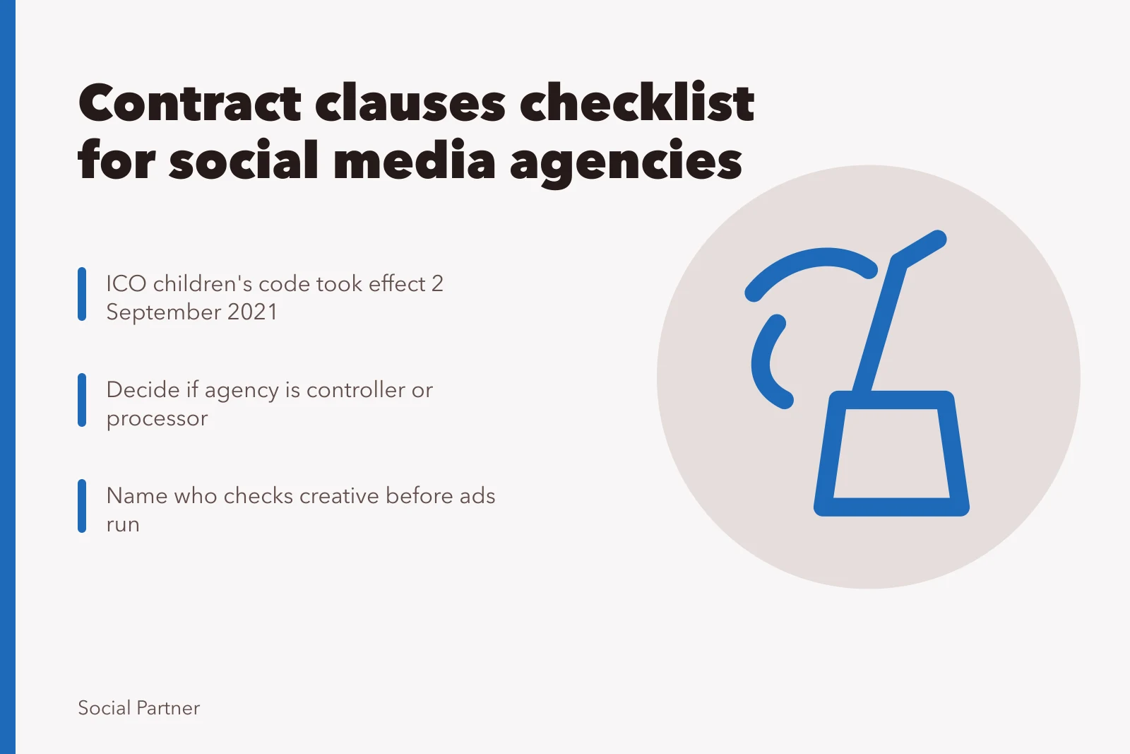 Checklist card for social media agency contract clauses on data and IP