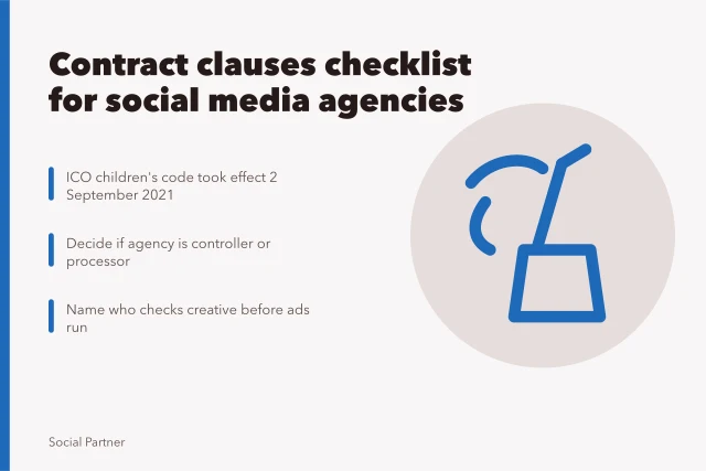 Checklist card for social media agency contract clauses on data and IP. Why social media agencies commercial contracts need a clauses checklist