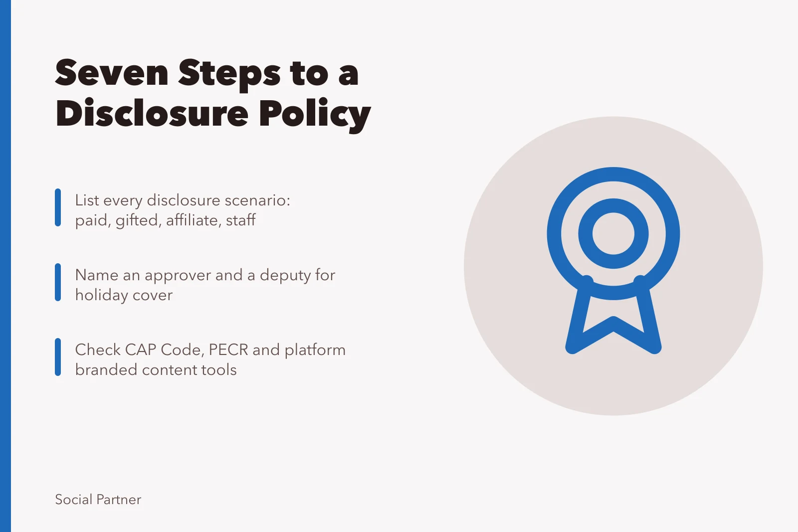 Card listing seven steps for writing a social media disclosure policy