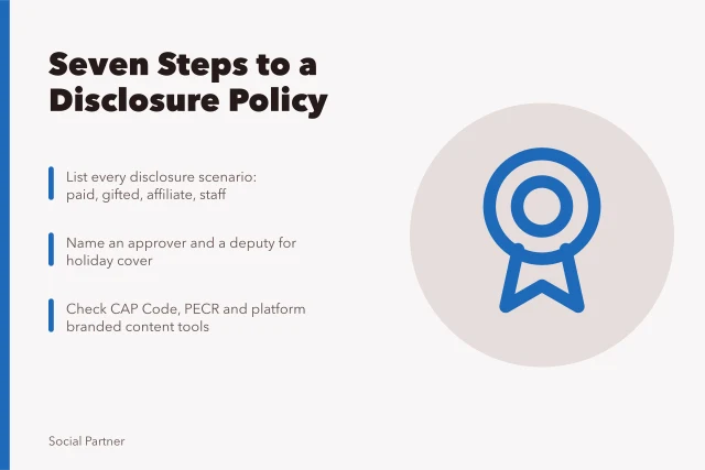 Card listing seven steps for writing a social media disclosure policy. Seven steps to a social media agencies disclosure policy