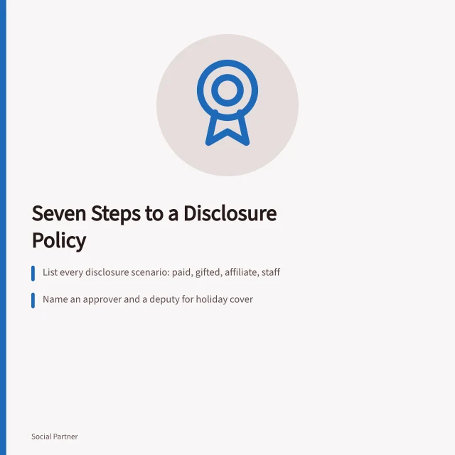 Card listing seven steps for writing a social media disclosure policy. Seven steps to a social media agencies disclosure policy