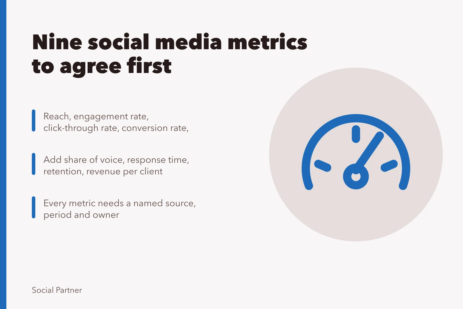 Card listing nine social media agency metrics to agree before invoicing