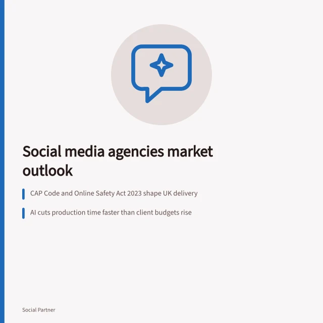 Card showing social media agencies market outlook with demand, regulation and AI factors. Planning scenarios for social media agency buyers