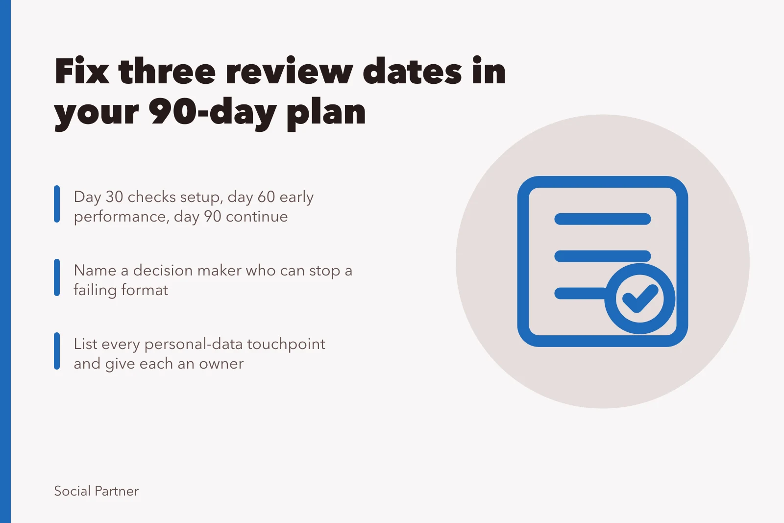 Card showing three fixed review dates for a 90-day social media plan