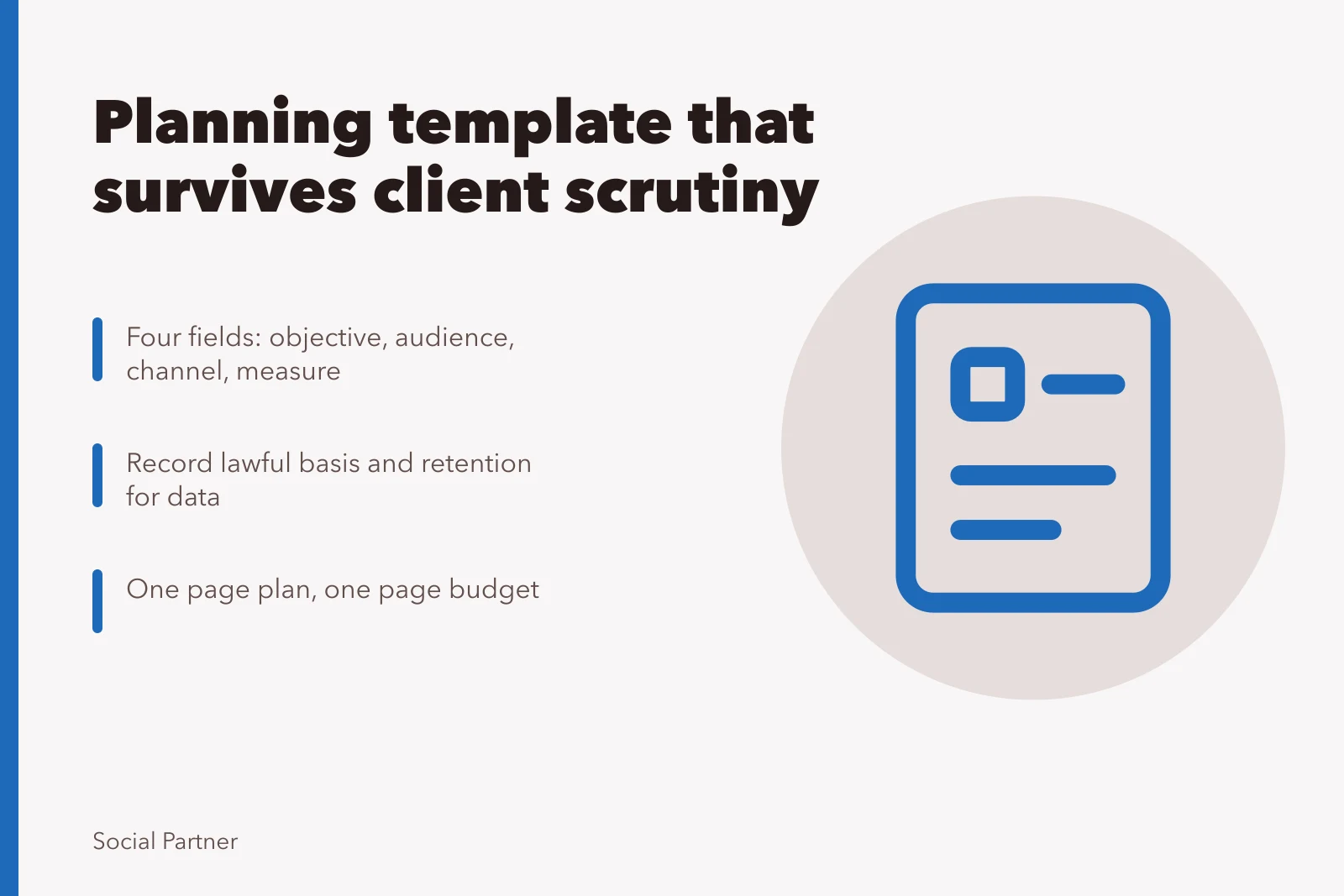 Card outlining a social media agency planning template with compliance checks