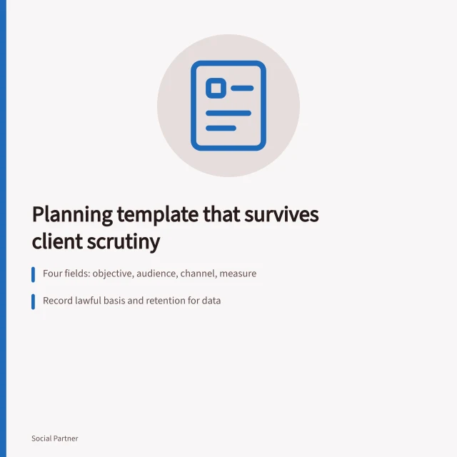 Card outlining a social media agency planning template with compliance checks. Build a social media agencies planning template that survives scrutiny