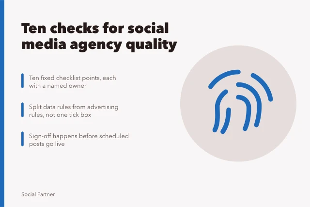 Ten-point quality checklist for social media agencies with named owners. Ten quality checks for a social media agency