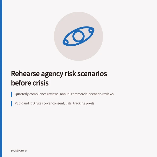 Card on rehearsing social media agency risk scenarios before client crises. When to rehearse social media agencies risk scenarios before a client crisis