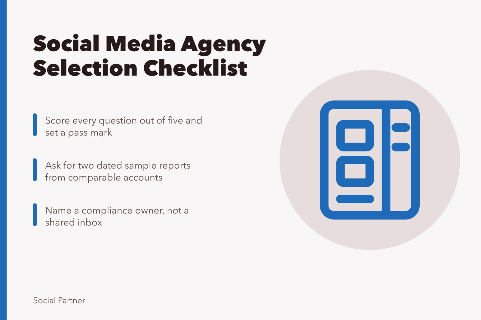 Checklist card for scoring and selecting social media agencies