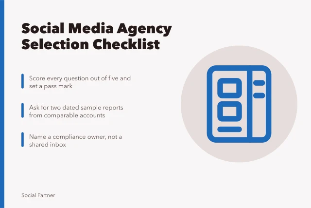 Checklist card for scoring and selecting social media agencies. What should a social media agencies selection checklist cover?