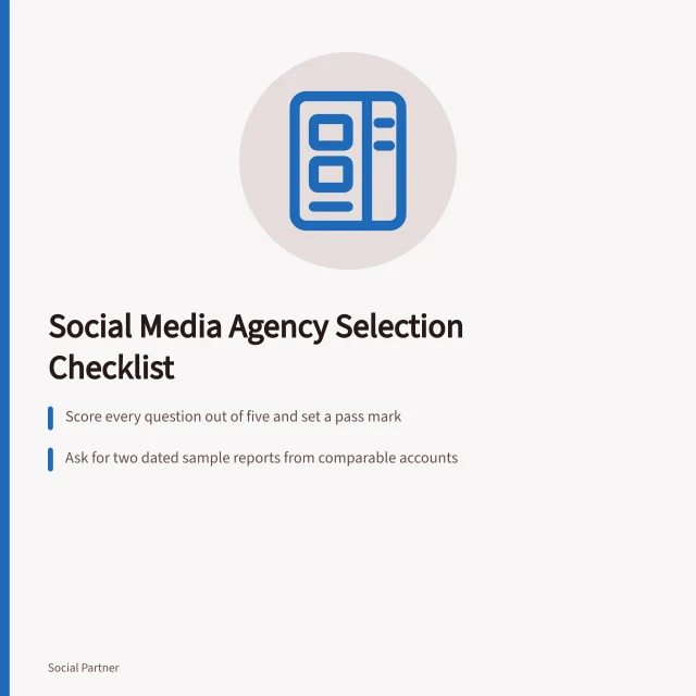Checklist card for scoring and selecting social media agencies. What should a social media agencies selection checklist cover?