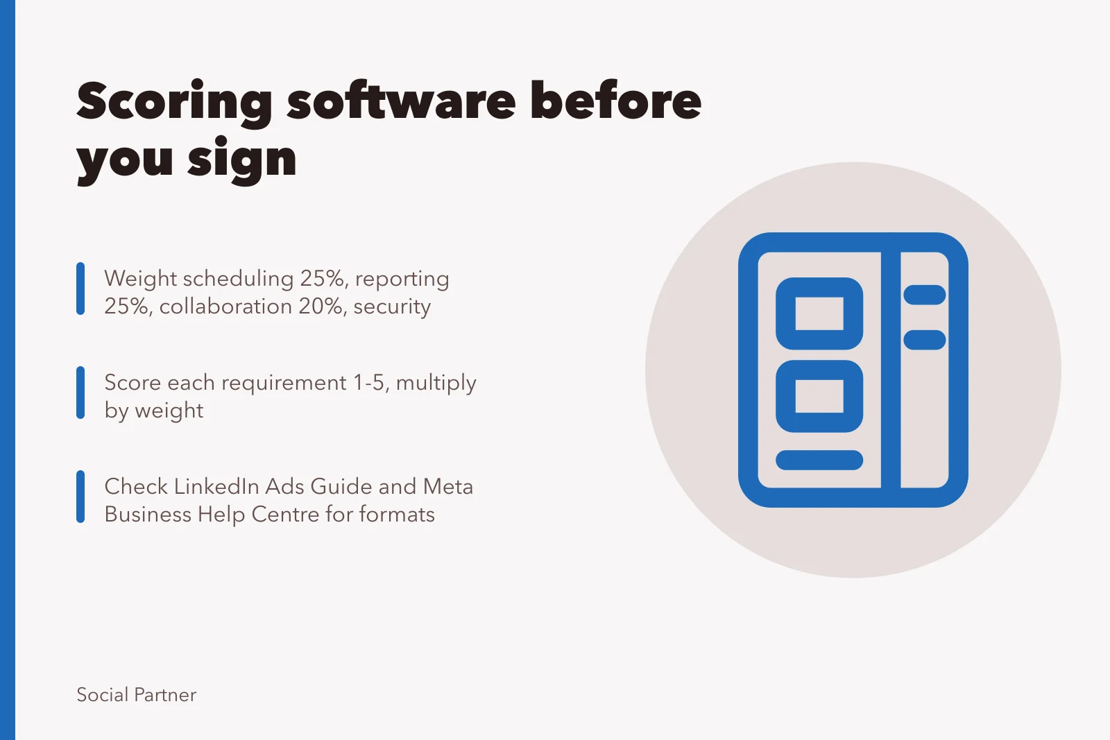 Scorecard for choosing social media agency software with weighted criteria