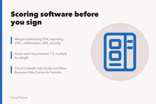 Scorecard for choosing social media agency software with weighted criteria. Social media agency software selection scorecard