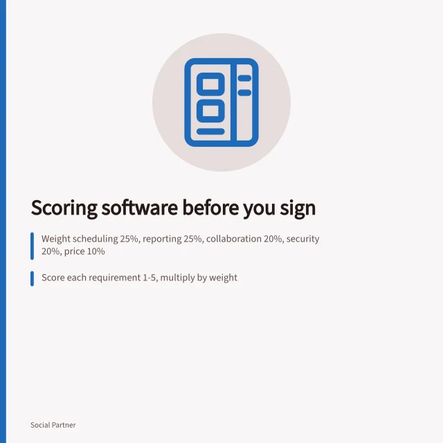 Scorecard for choosing social media agency software with weighted criteria. Social media agency software selection scorecard