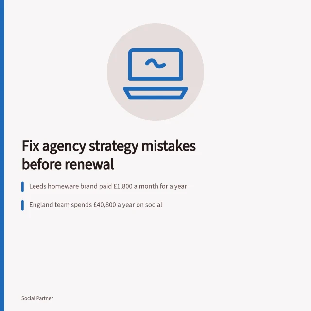 Card on fixing social media agency strategy mistakes and retainer costs. Fix social media agencies strategy mistakes without a bigger budget