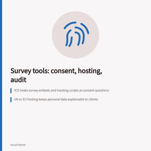 Card comparing survey tool consent, hosting and audit requirements for agencies. Survey tools social media agencies use for compliant research