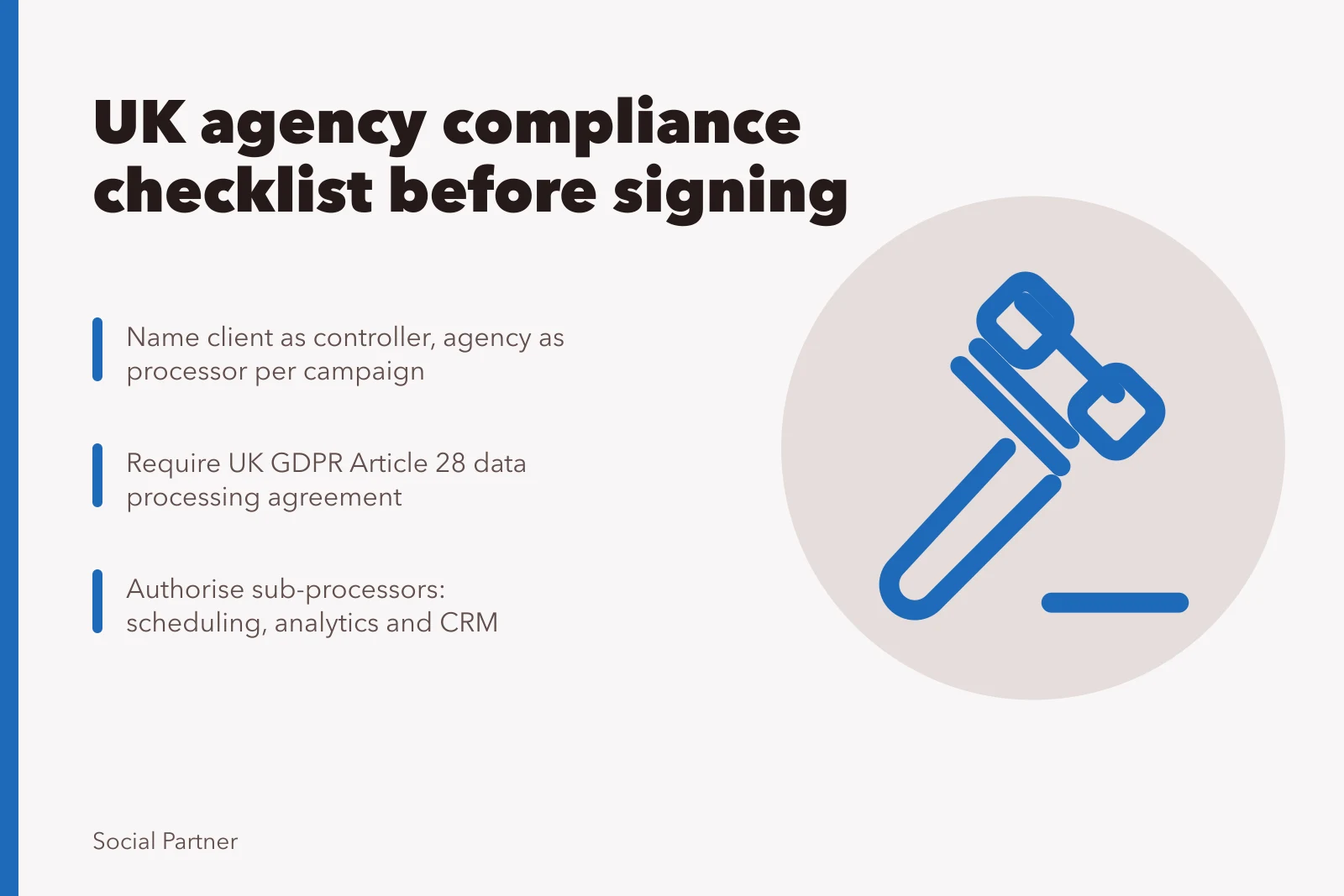 Checklist card for UK social media agency compliance before signing