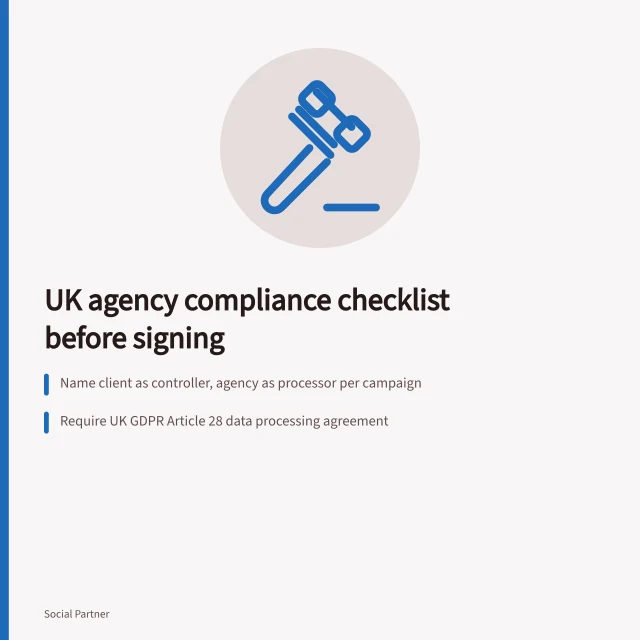 Checklist card for UK social media agency compliance before signing. Check social media agencies UK regulations before you sign: a pre-signature checklist